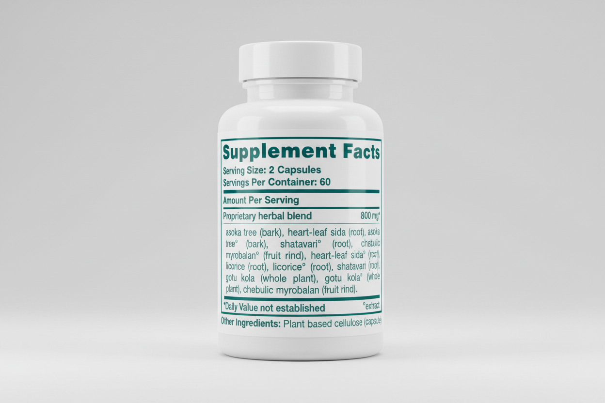 Supplement facts label with proprietary herbal blend details on a white background