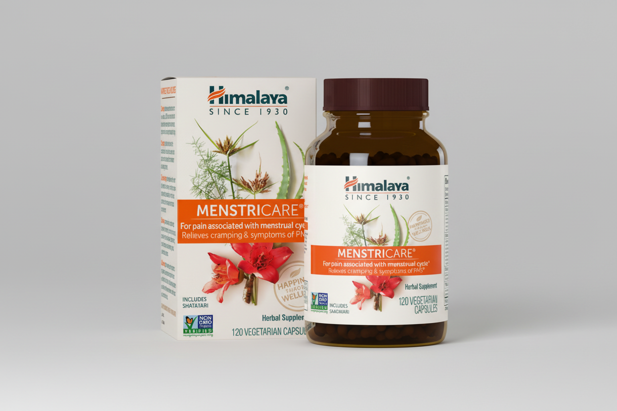 Himalaya Menstricare supplement bottle and packaging on a white background