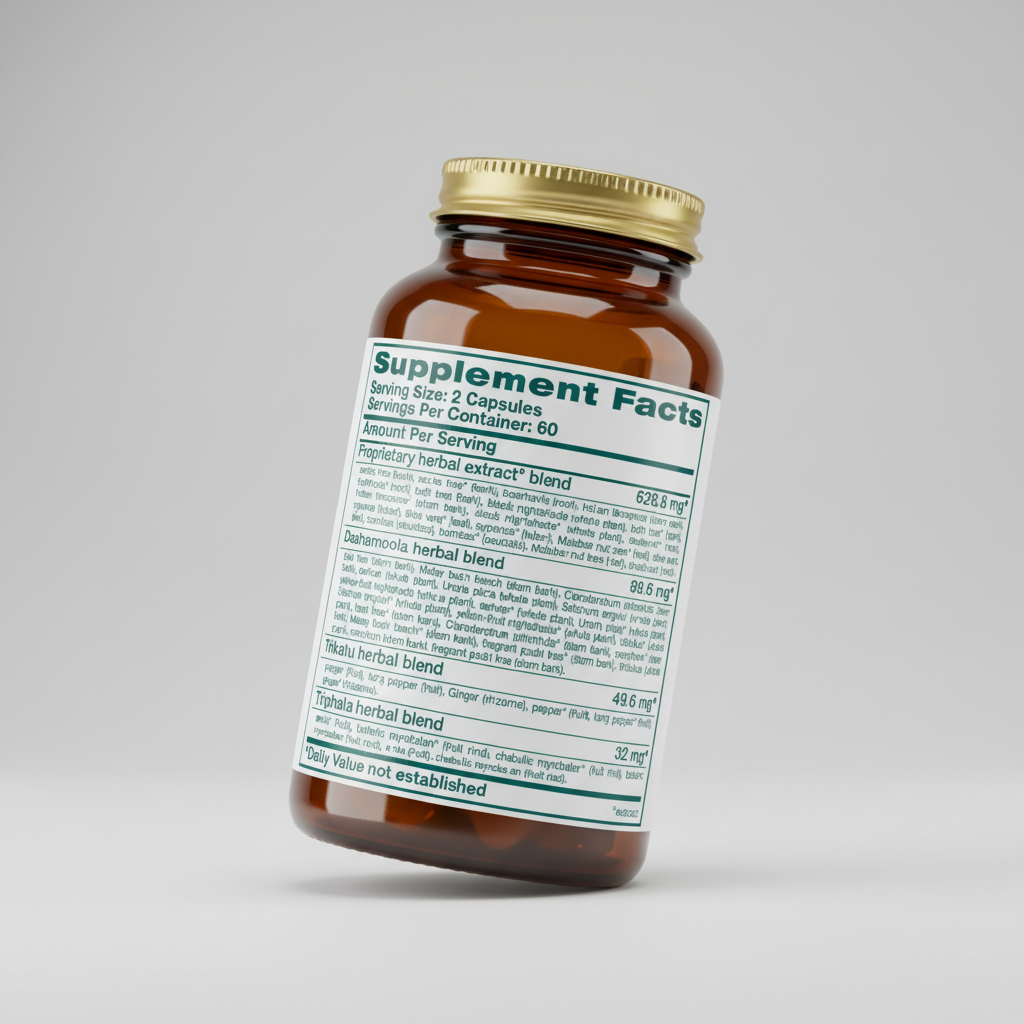 Supplement facts label with herbal extract blends on a white background