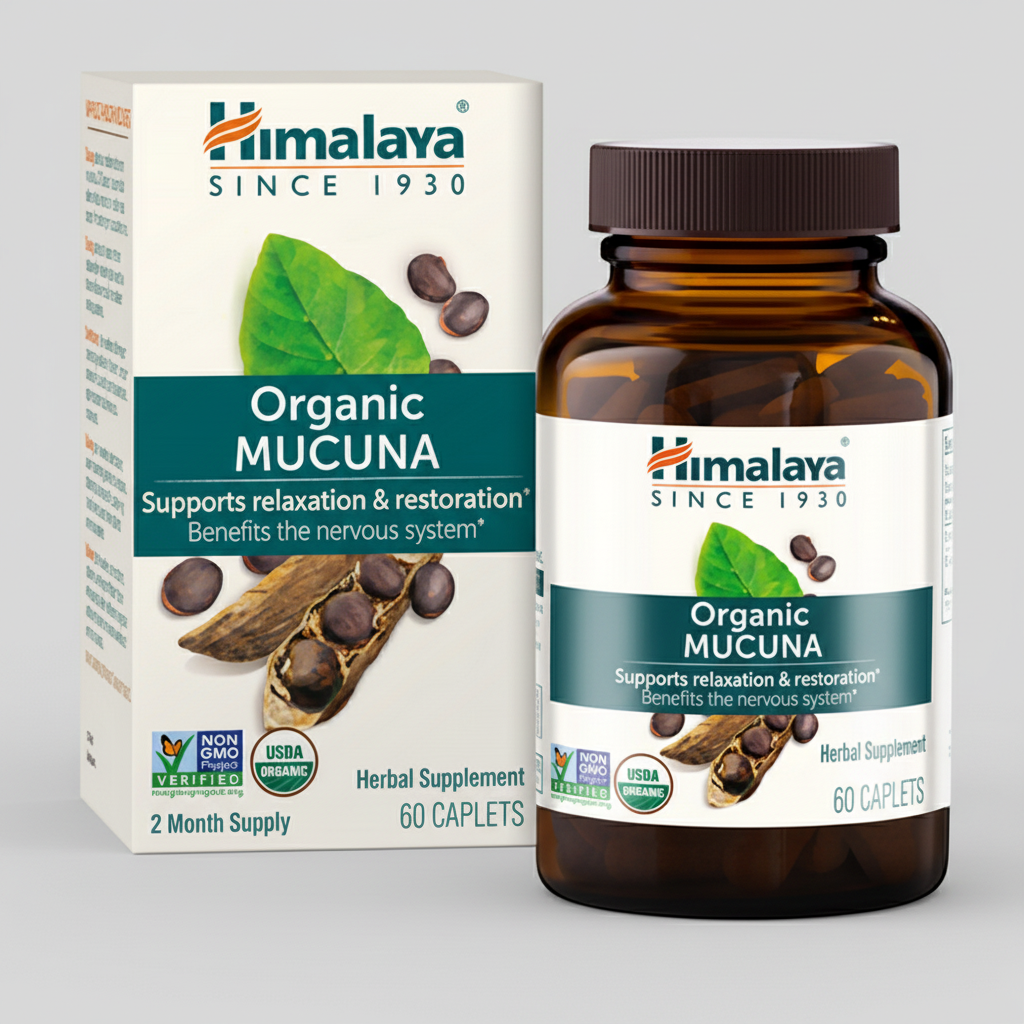 Himalaya Organic Mucuna supplement packaging on a white background