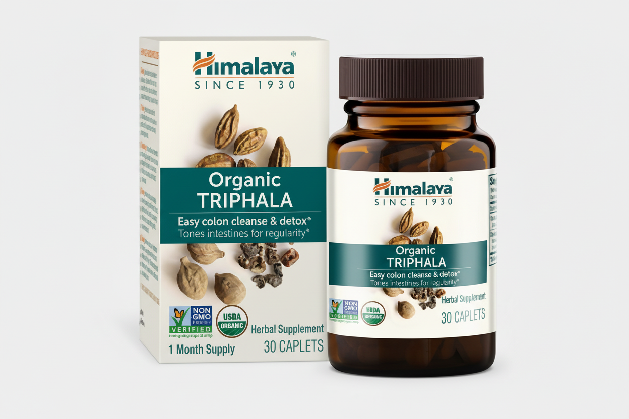 Himalaya Organic Triphala supplement bottle and packaging on a white background