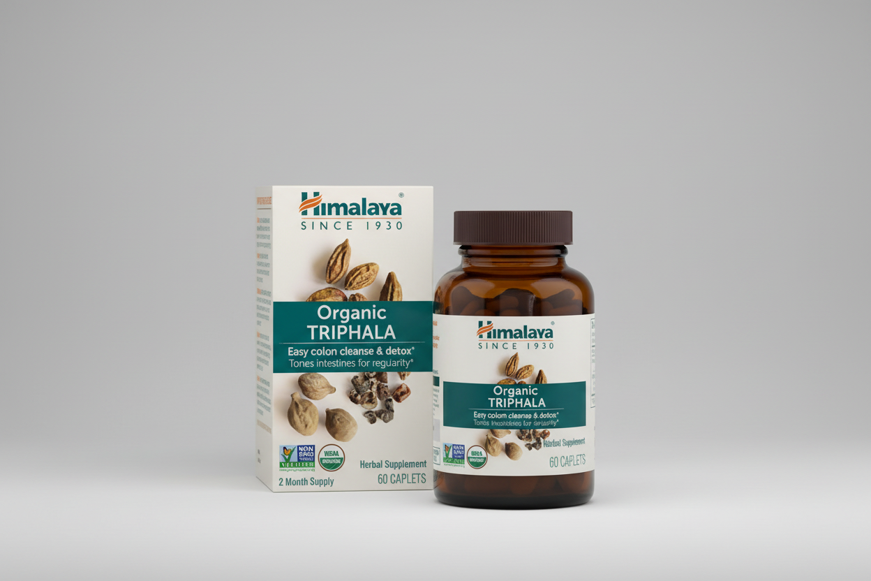 Himalaya Organic Triphala supplement bottle and packaging on a white background