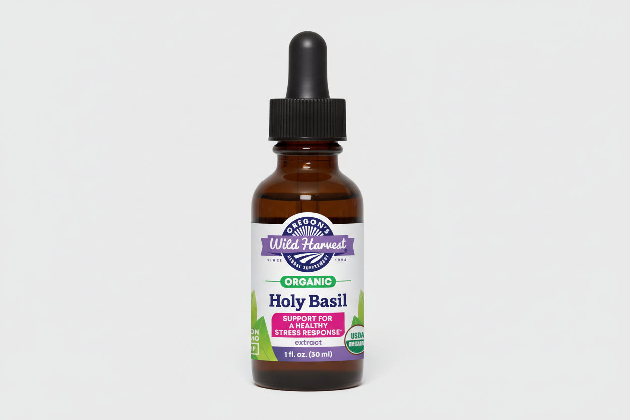 Bottle of Oregon's Wild Harvest Organic Holy Basil extract on a white background