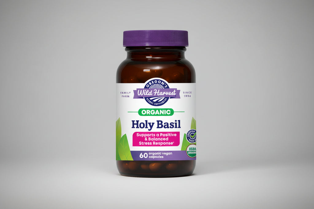 Oregon's Wild Harvest Organic Holy Basil supplement bottle with purple cap