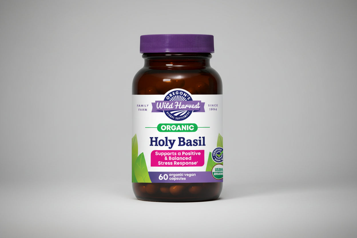 Oregon's Wild Harvest Organic Holy Basil supplement bottle with purple cap