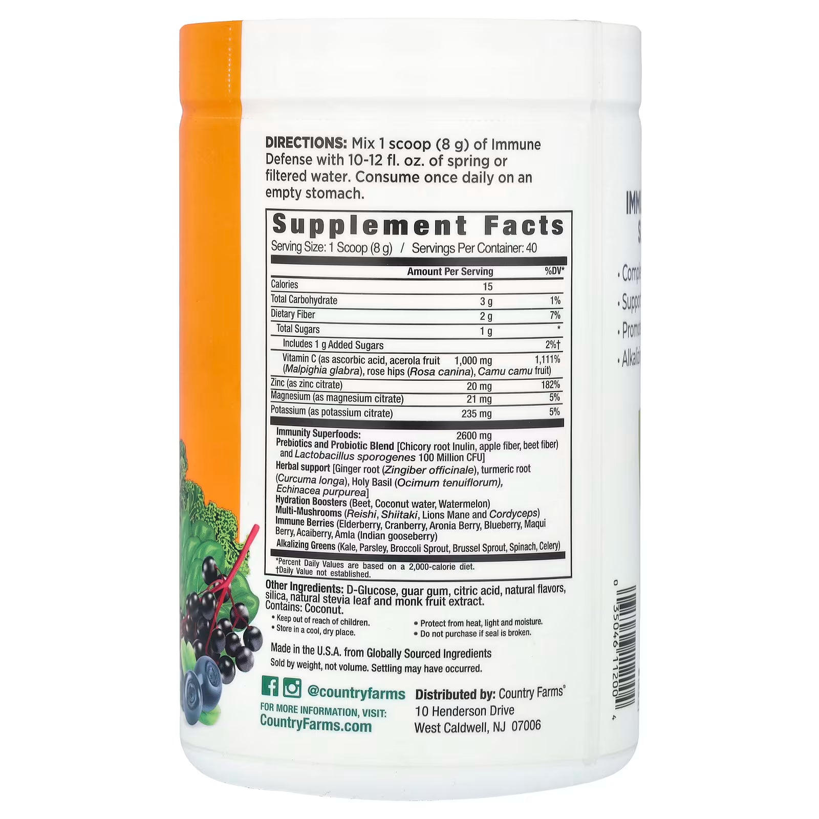 Supplement container with label showing directions and supplement facts on a white background