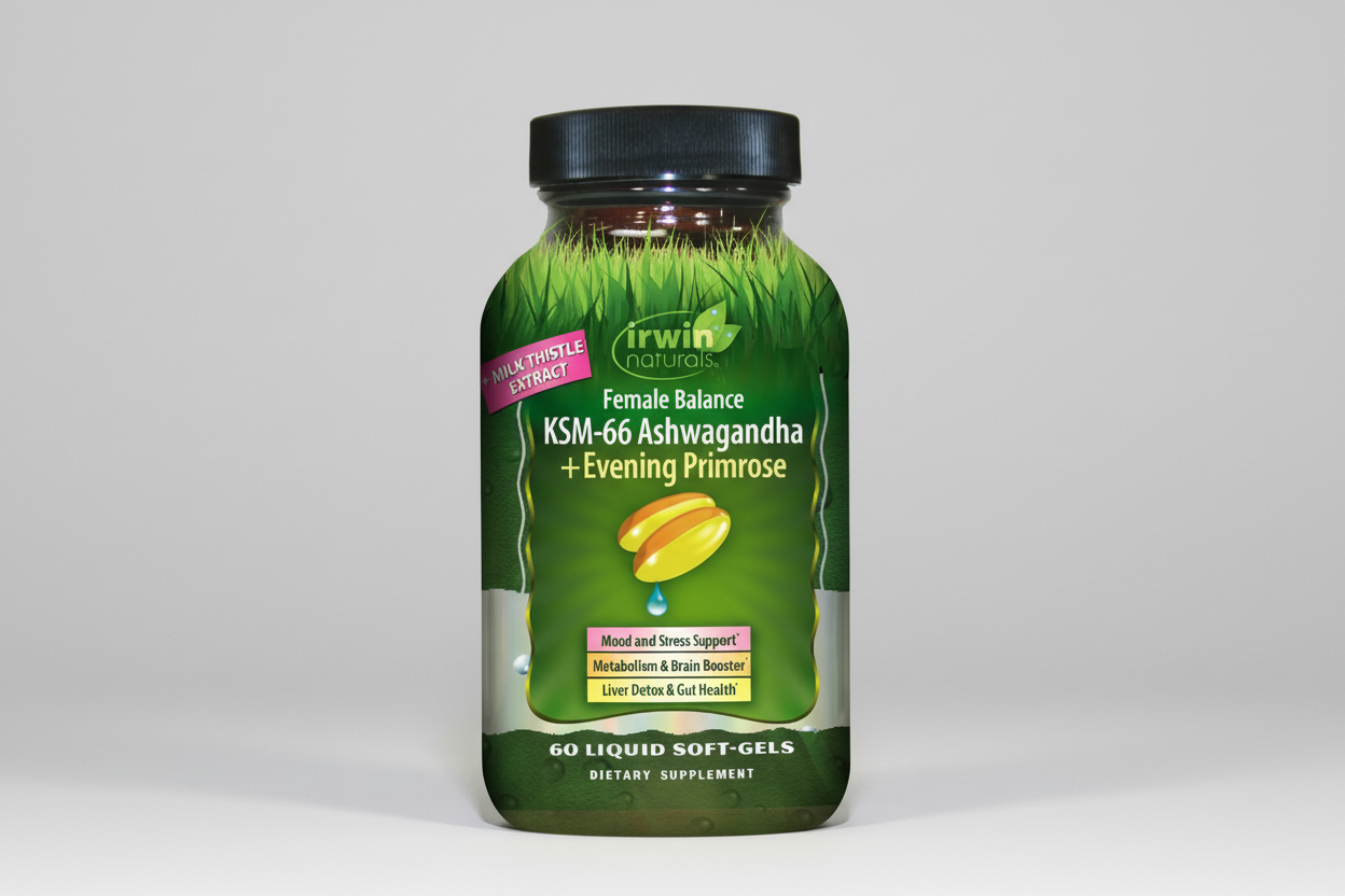 Supplement bottle labeled 'Irwin Naturals' with green label and black lid on a white background