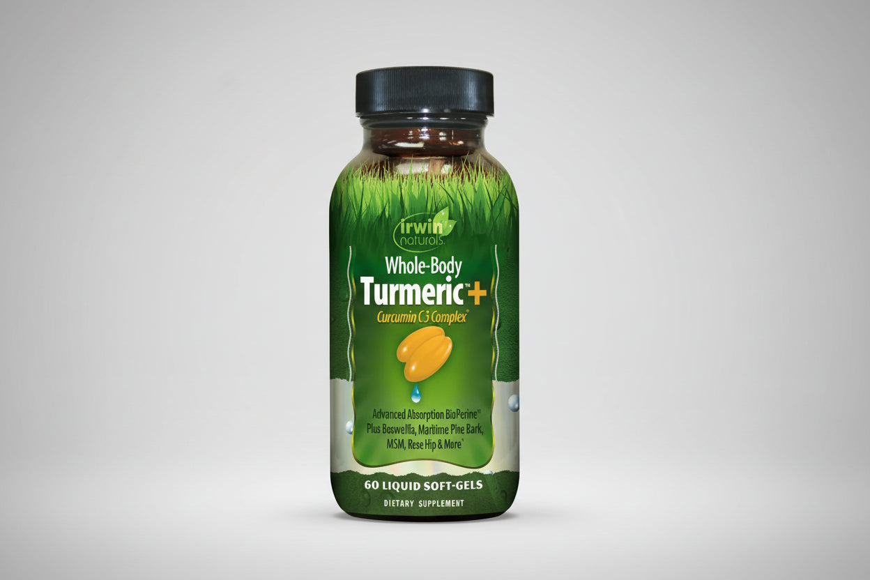 Irwin Naturals Whole-Body Turmeric+ supplement bottle on a white background