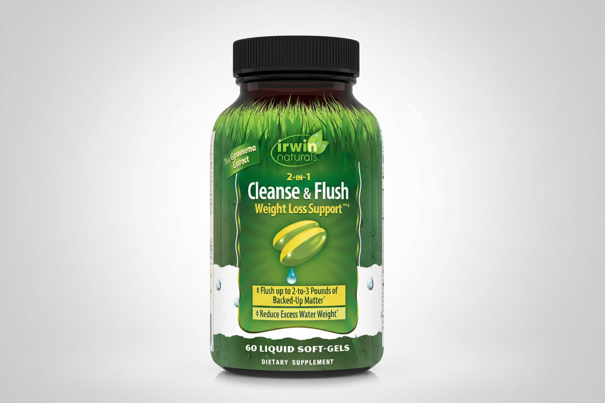 Irwin Naturals Cleanse & Flush weight loss support supplement bottle on a white background
