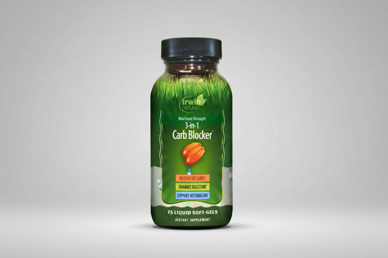 Irwin Naturals 3-in-1 Carb Blocker supplement bottle on a white background