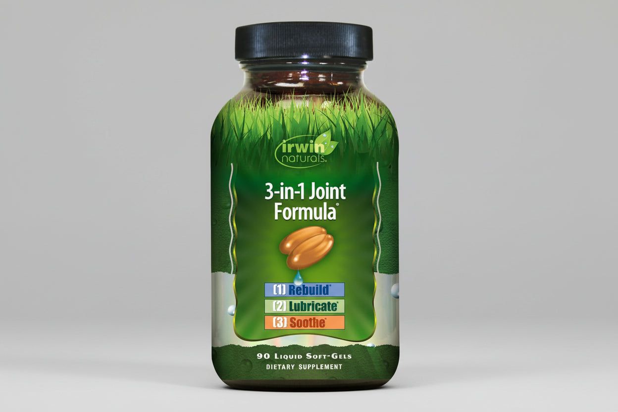 Irwin Naturals 3-in-1 Joint Formula supplement bottle on a white background