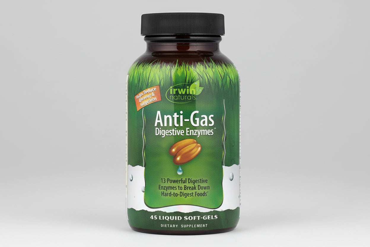 Irwin Naturals Anti-Gas Digestive Enzymes bottle on a white background