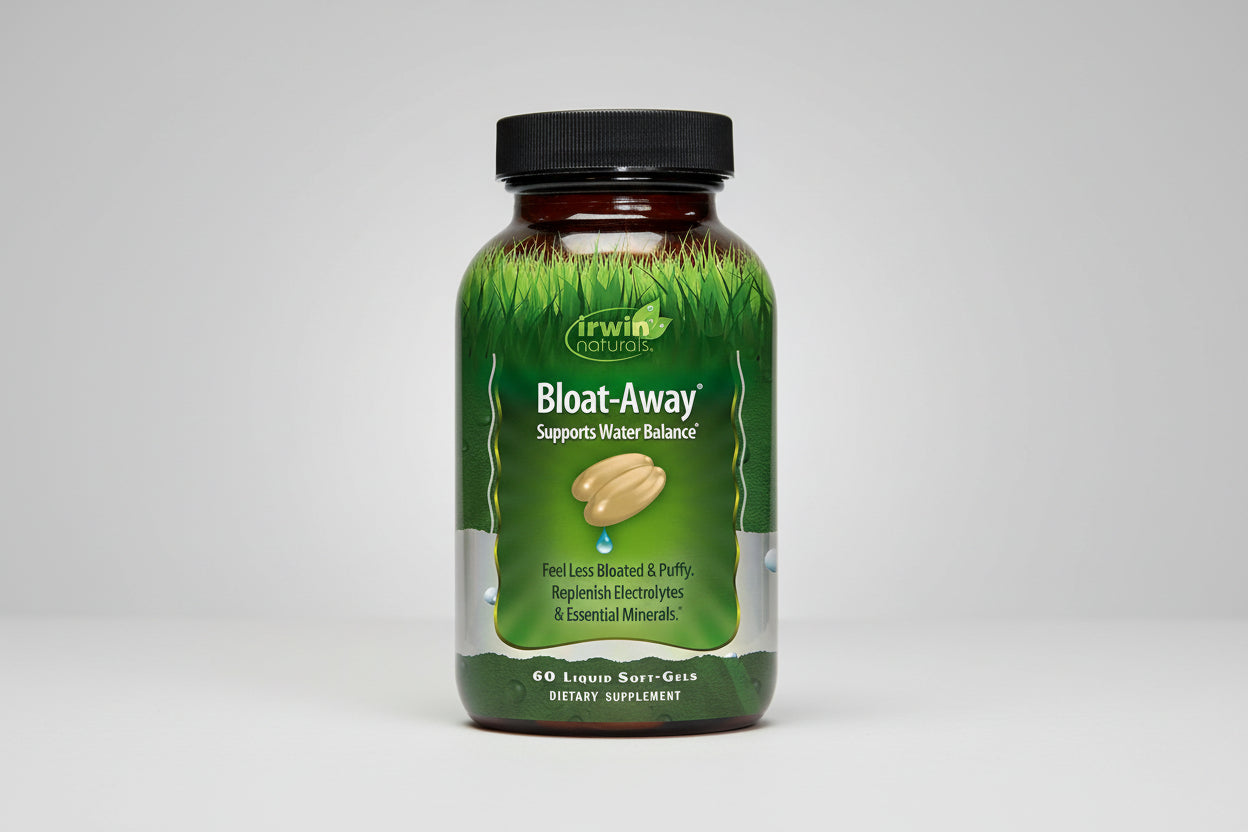 Irwin Naturals Bloat-Away supplement bottle on a grass background
