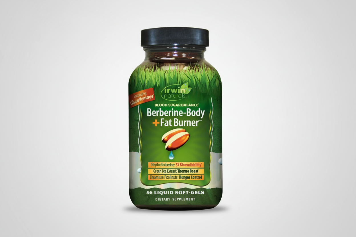 Supplement bottle labeled 'Berberine-Body + Fat Burner' by Irwin Naturals on a white background