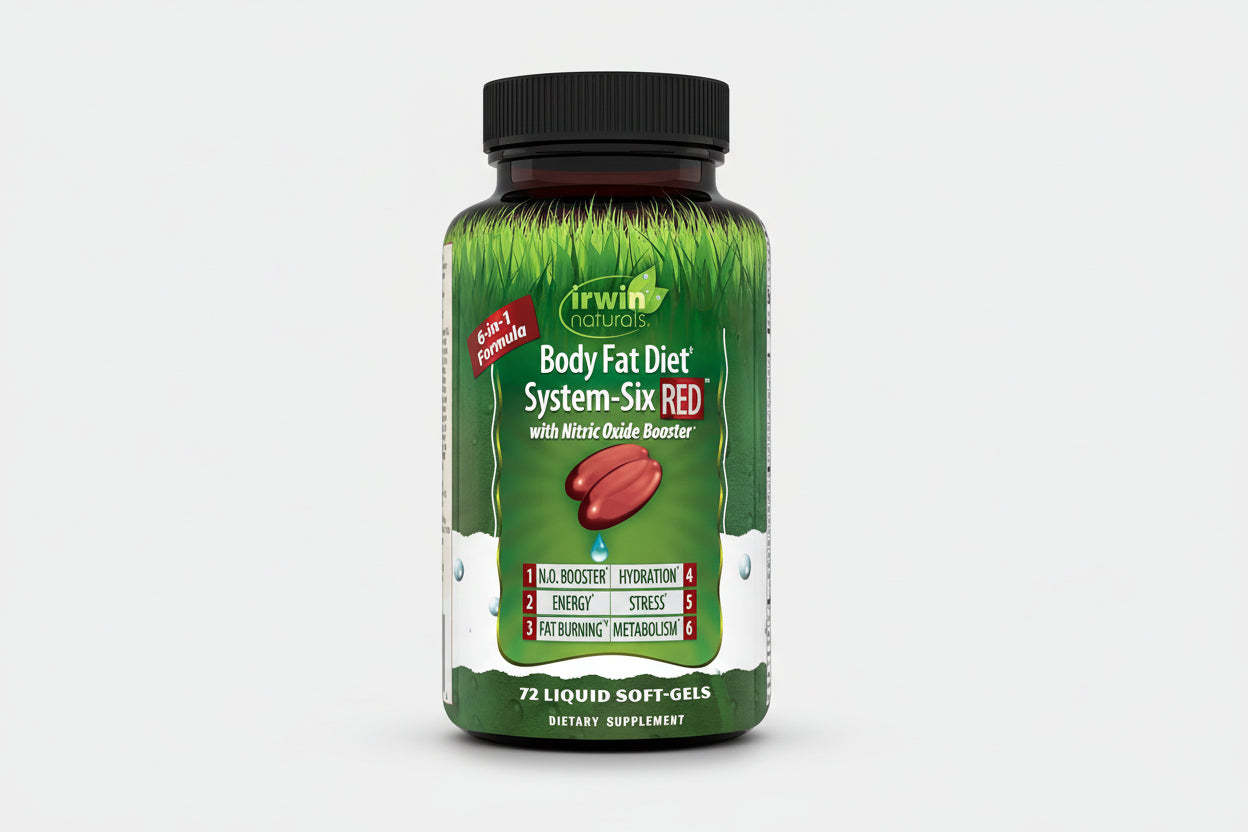 Supplement bottle labeled 'Body Fat Diet System-Six RED' by Irwin Naturals on a white background