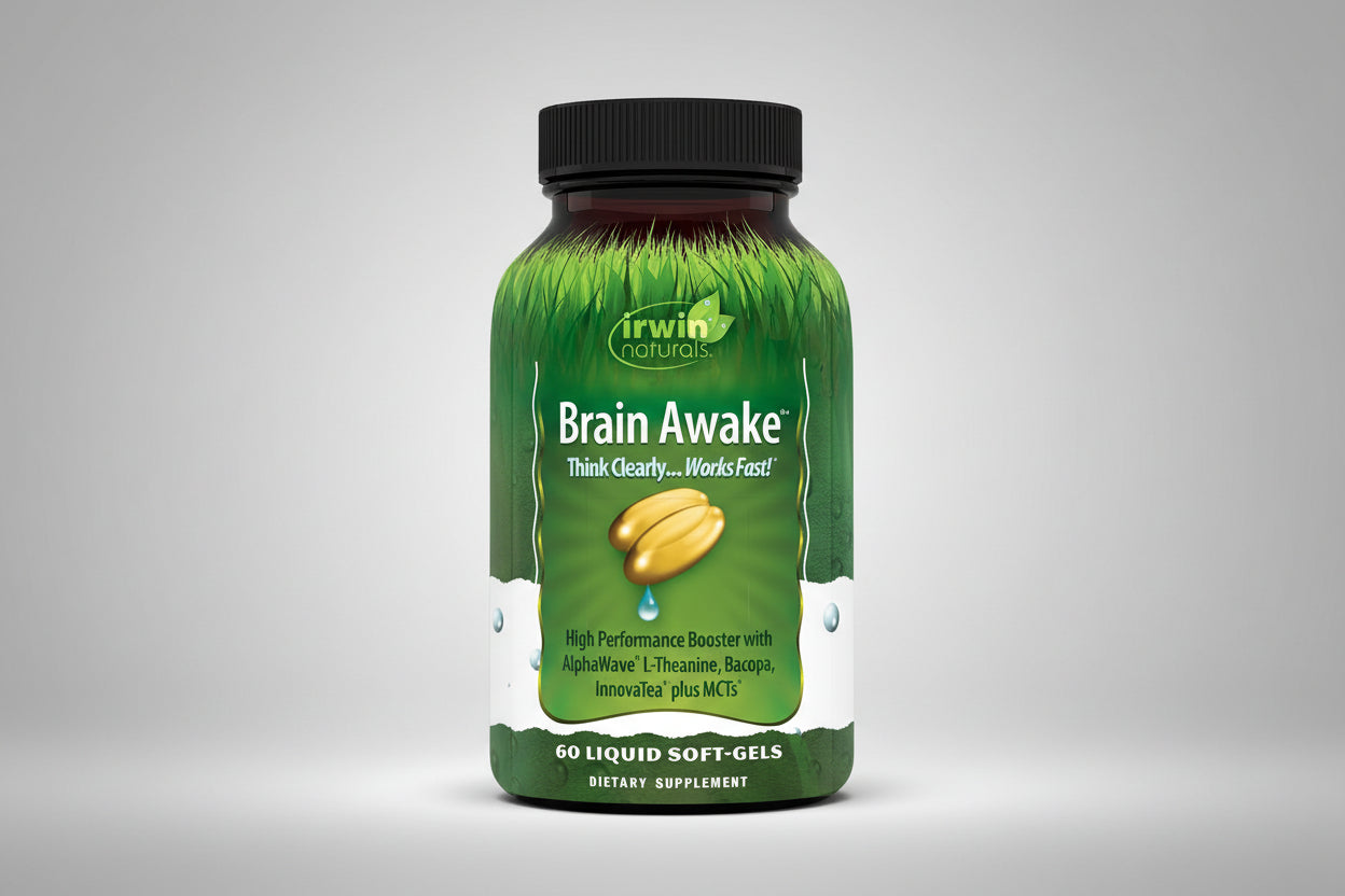 Green supplement bottle labeled 'Brain Awake' by Irwin Naturals on a white background