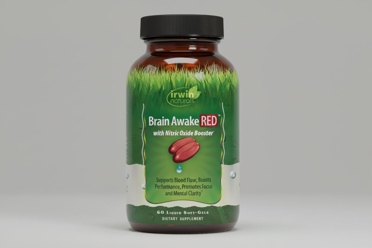Irwin Naturals Brain Awake RED supplement bottle on a white background