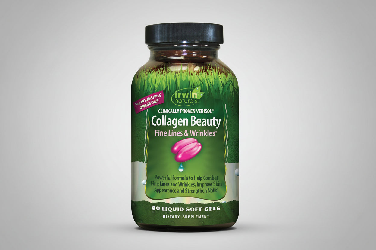Irwin Naturals Collagen Beauty supplement bottle on a white background