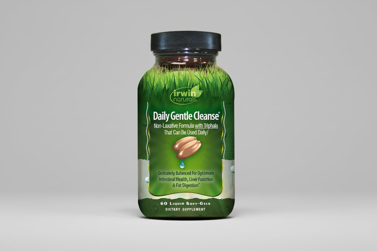 Irwin Naturals Daily Gentle Cleanse supplement bottle on a white background