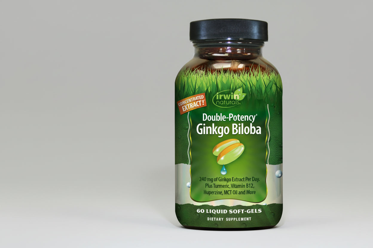 Irwin Naturals Double-Potency Ginkgo Biloba supplement bottle on a white background