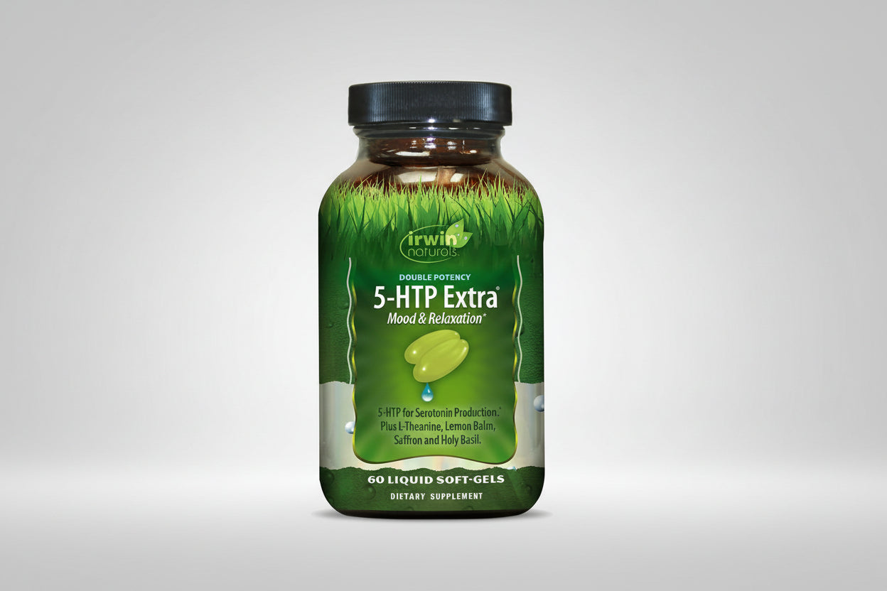 Irwin Naturals 5-HTP Extra supplement bottle on a white background