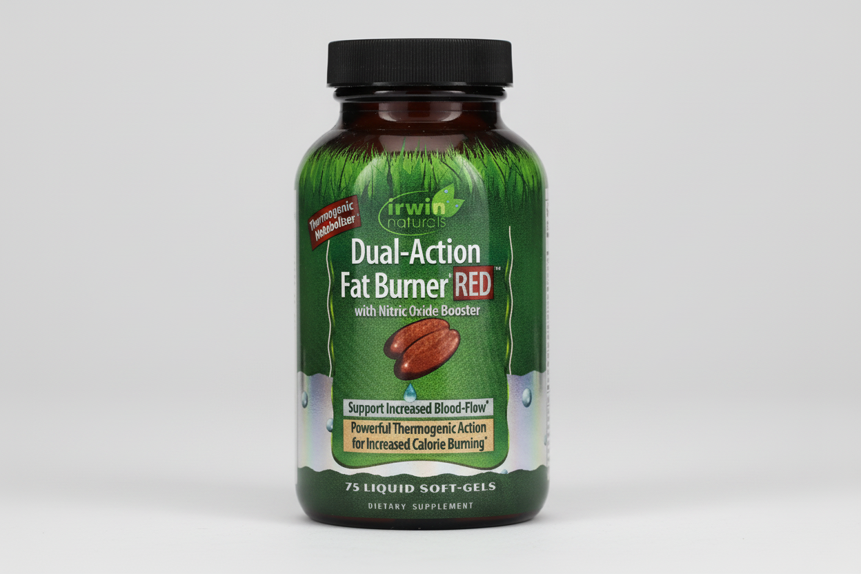 Irwin Naturals Dual-Action Fat Burner RED supplement bottle on a white background