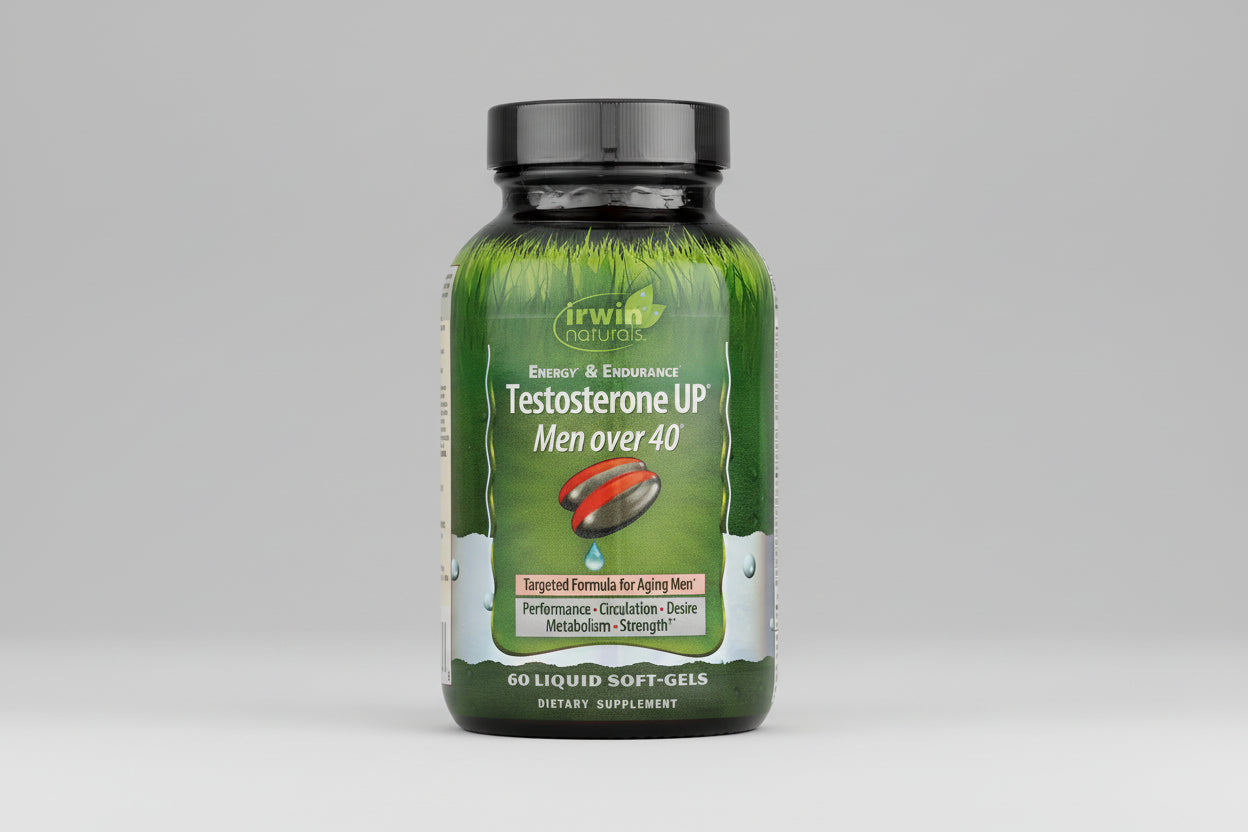 Irwin Naturals Testosterone UP supplement bottle for men over 40 on a white background