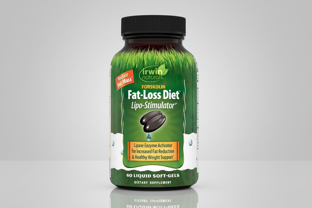 Green supplement bottle labeled 'Irwin Naturals Forskolin Fat-Loss Diet Lipo-Stimulator' on a white background
