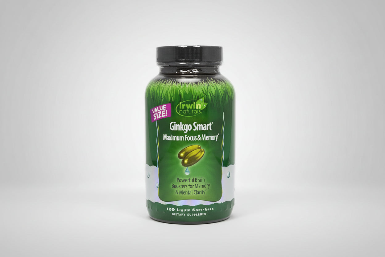 Vitamin supplement bottle labeled 'Ginkgo Smart' with green grass on top, Irwin Naturals branding visible.