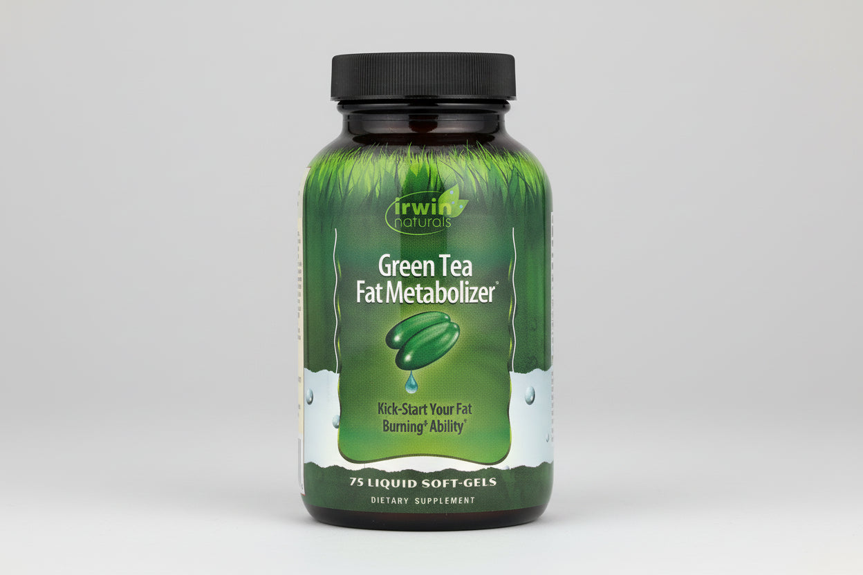 Irwin Naturals Green Tea Fat Metabolizer supplement bottle on a white background