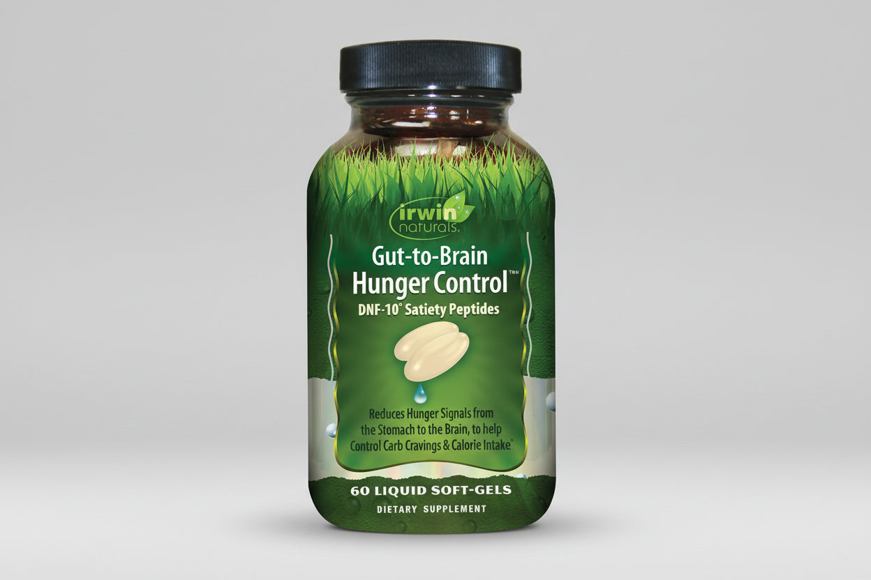 Irwin Naturals Gut-to-Brain Hunger Control supplement bottle on a white background