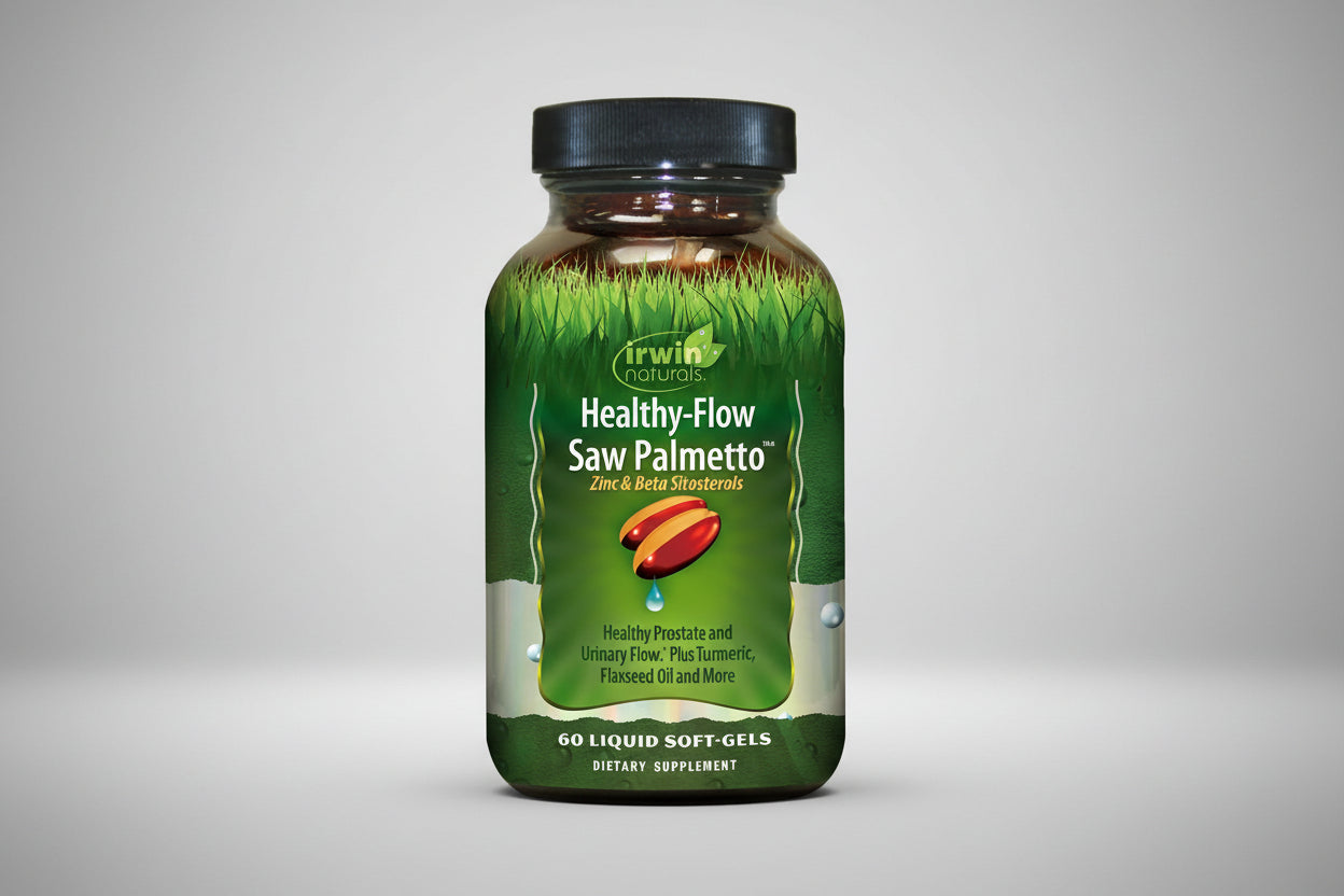 Vitamin supplement bottle labeled 'Healthy-Flow Saw Palmetto' by Irwin Naturals on a white background.