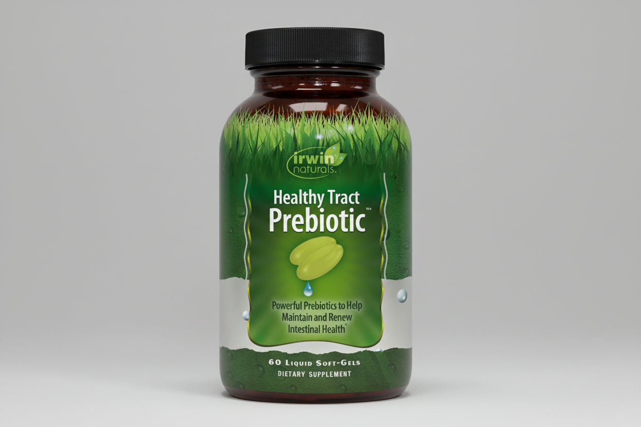 Irwin Naturals Healthy Tract Prebiotic supplement bottle on a white background