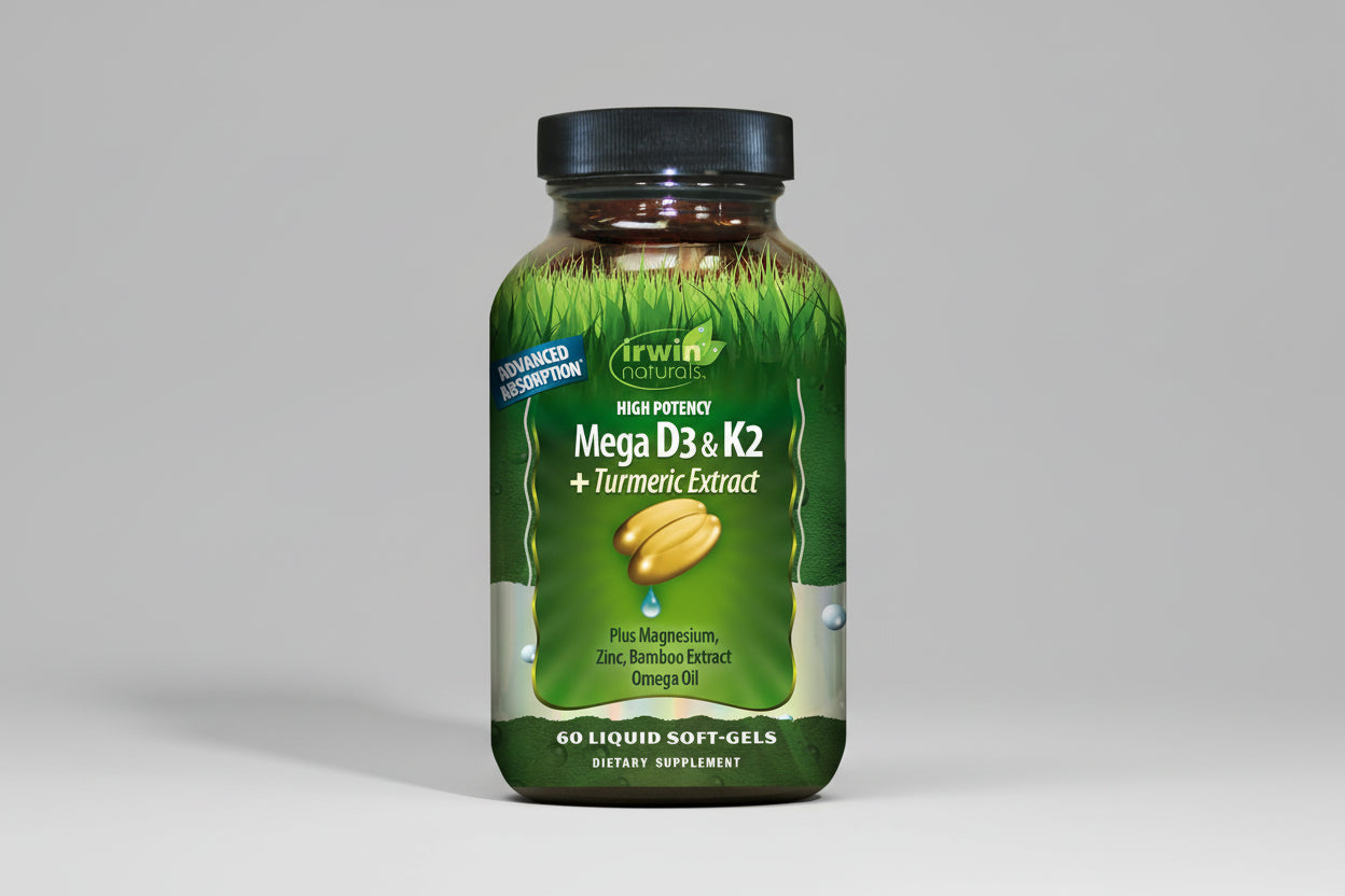 Irwin Naturals Mega D3 & K2 + Turmeric Extract supplement bottle on a white background