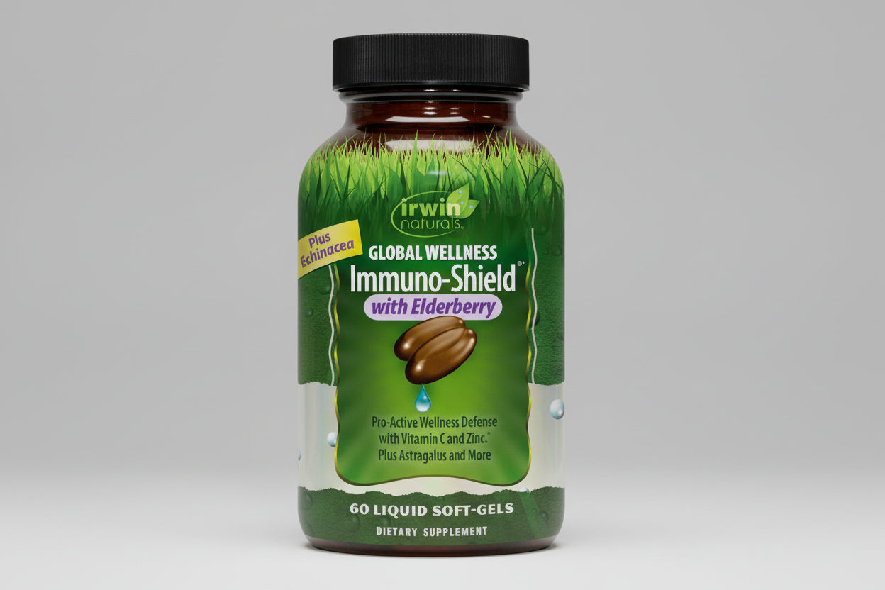 Irwin Naturals Global Wellness Immuno-Shield supplement bottle on a white background