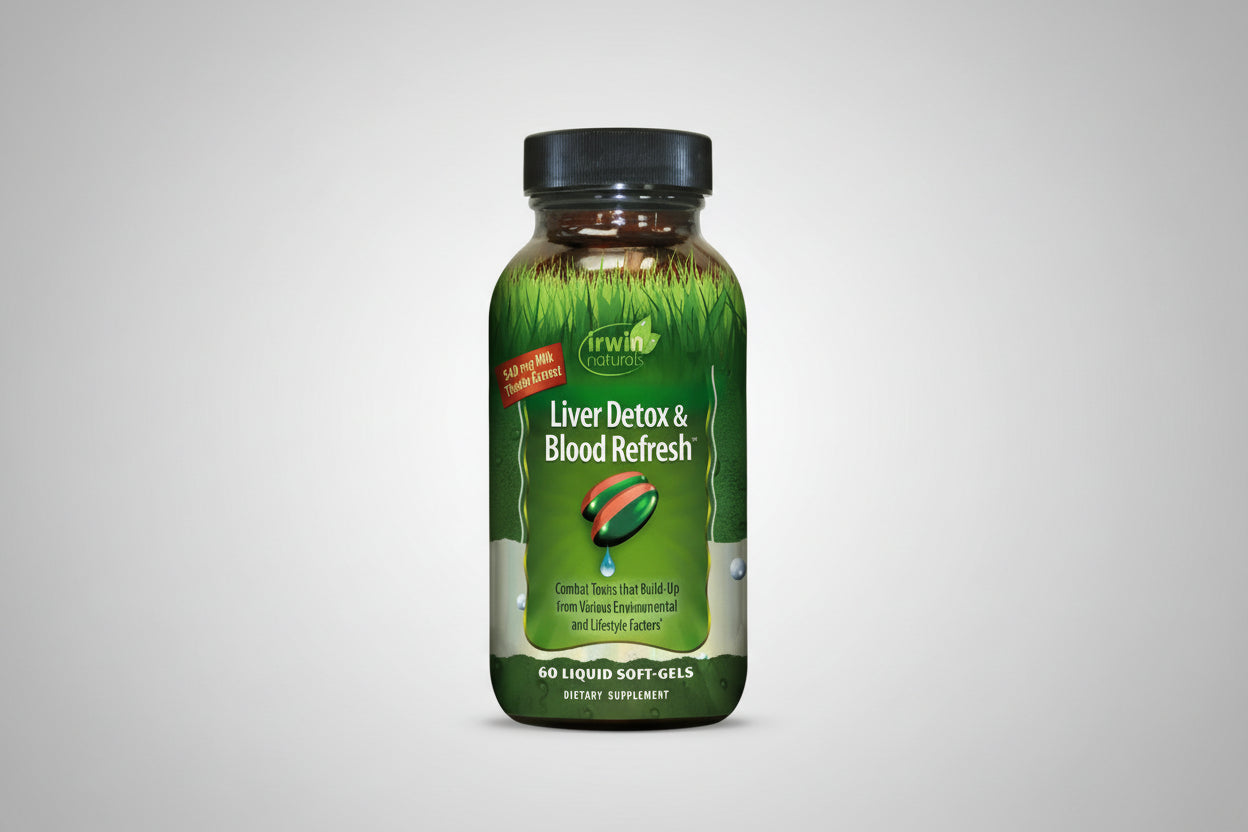 Supplement bottle labeled 'Liver Detox & Blood Refresh' by Irwin Naturals on a white background