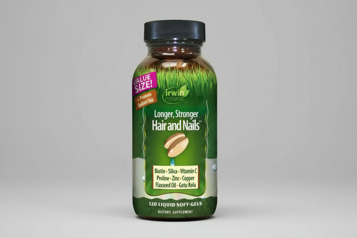 Supplement bottle for hair and nails with Irwin Naturals branding on a white background