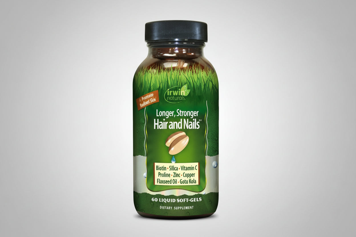 Supplement bottle for hair and nail health with green label and black lid.