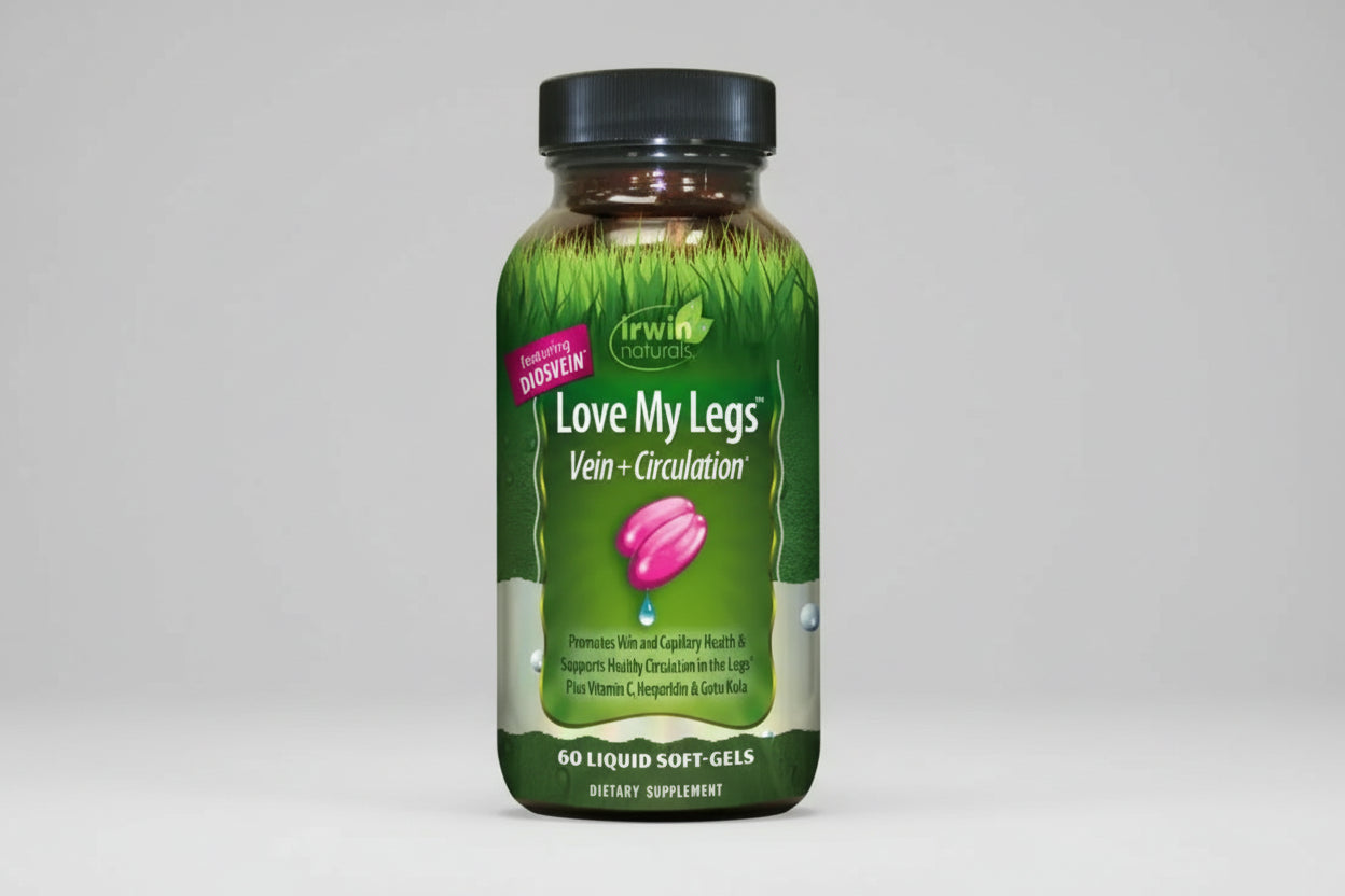 Supplement bottle labeled 'Love My Legs Vein + Circulation' by Irwin Naturals on a white background