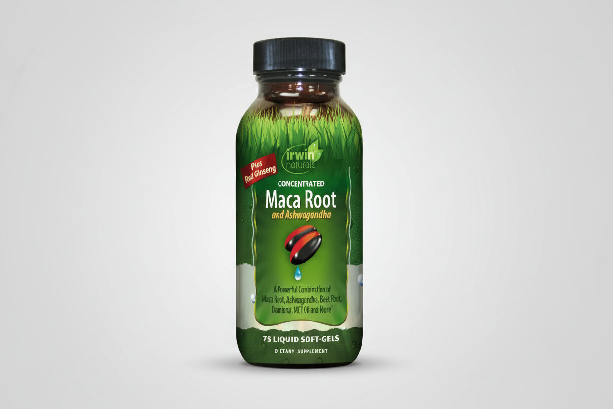 Supplement bottle labeled 'Irwin Naturals Maca Root and Ashwagandha' on a white background