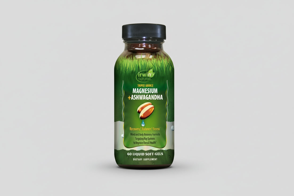 Supplement bottle labeled 'Irwin Naturals' with green label and black cap on a white background