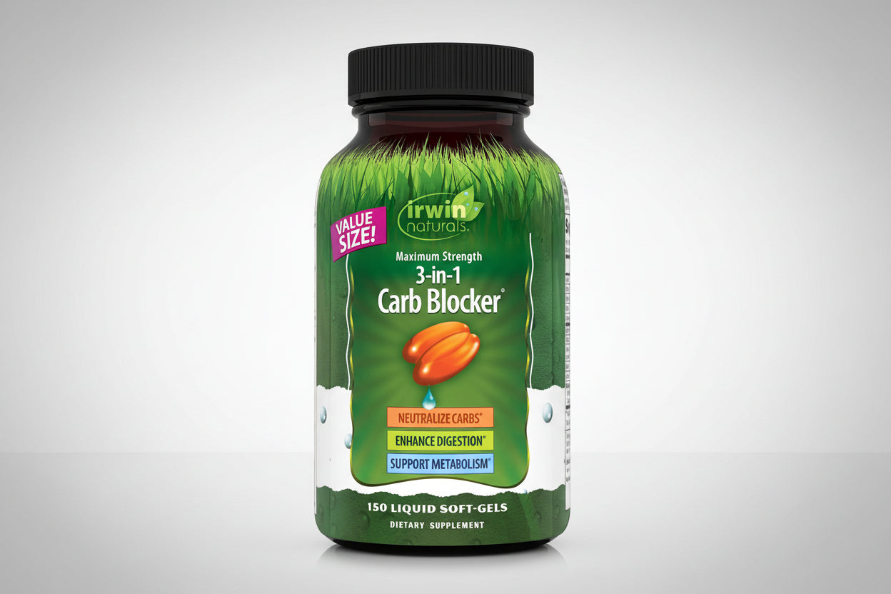 Irwin Naturals 3-in-1 Carb Blocker supplement bottle on a white background