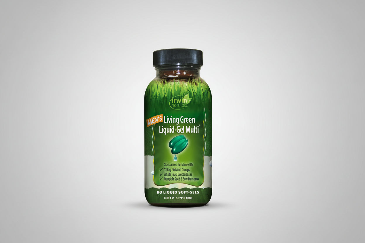 Irwin Naturals Men's Living Green Liquid-Gel Multi supplement bottle on a white background