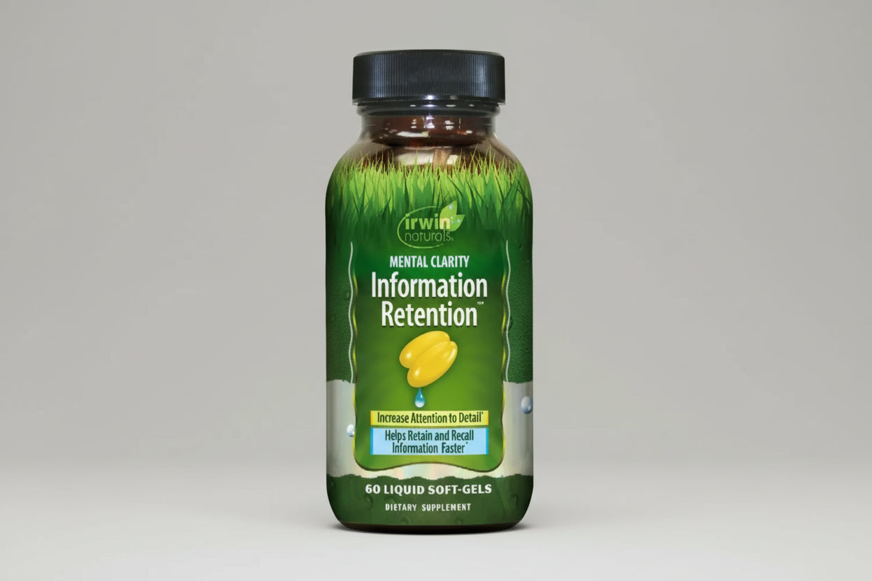 Supplement bottle labeled 'Information Retention' by Irwin Naturals on a white background