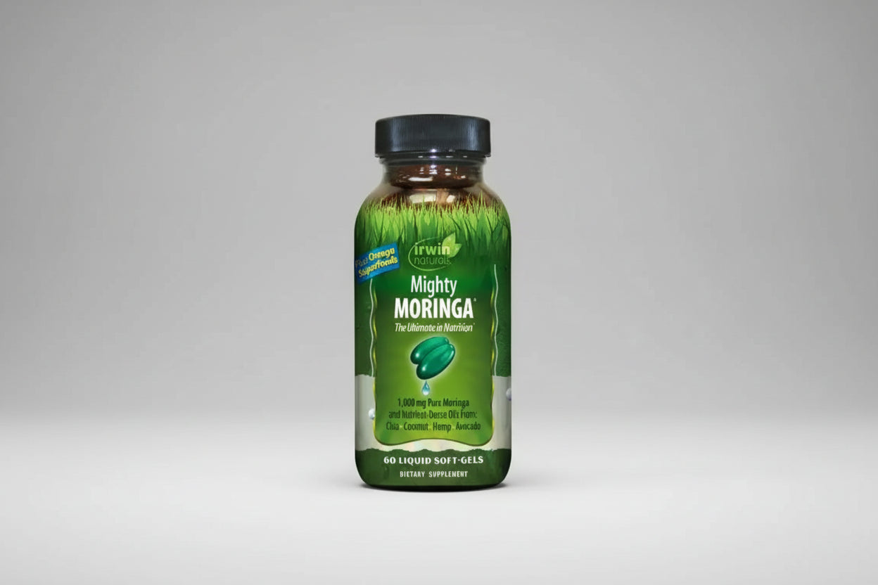 Irwin Naturals Mighty Moringa supplement bottle on a white background