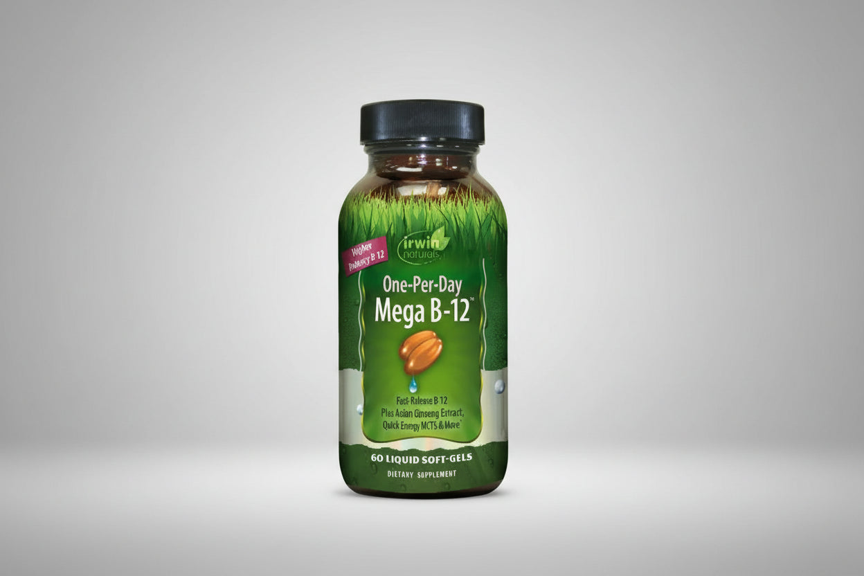 Irwin Naturals One-Per-Day Mega B-12 dietary supplement bottle on a white background