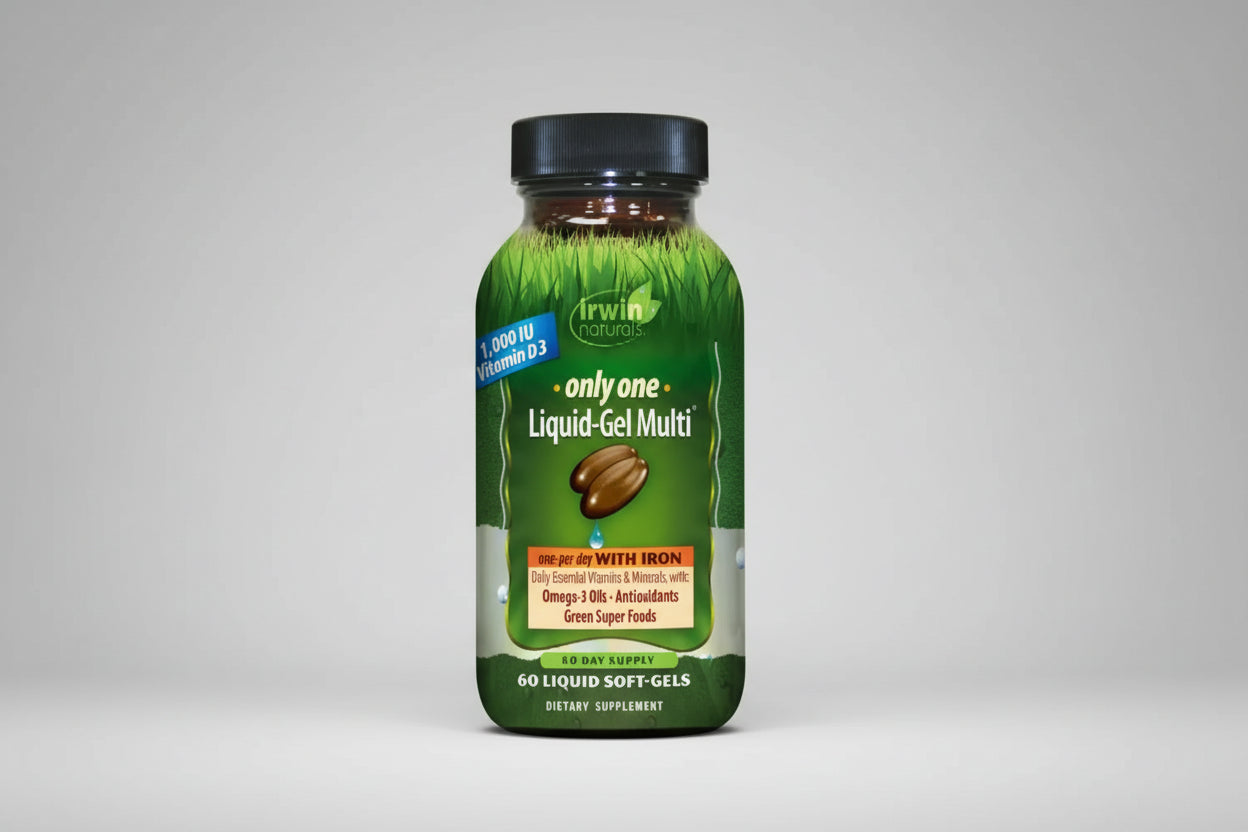Irwin Naturals Liquid-Gel Multi supplement bottle on a white background