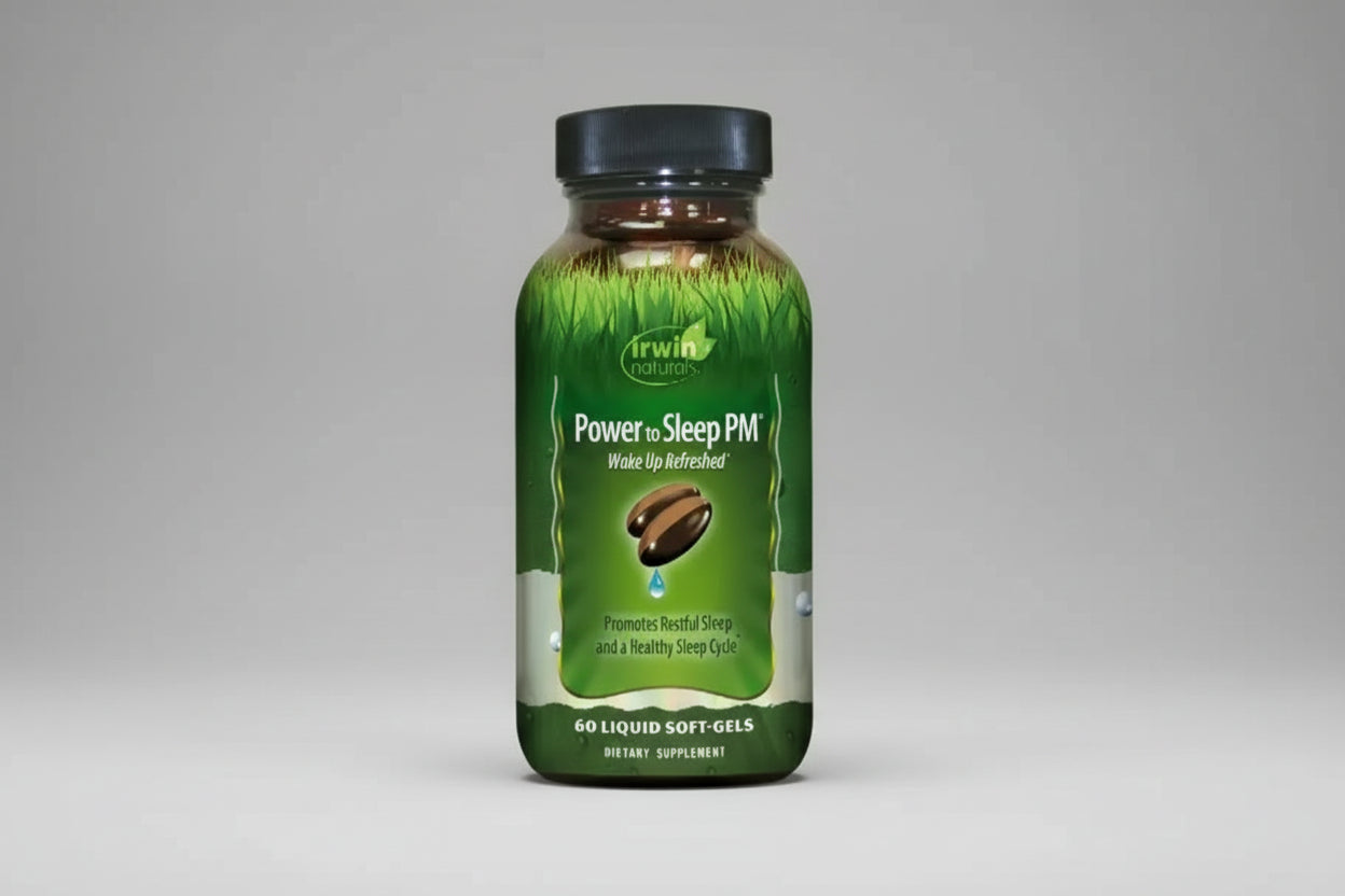 Vitamin supplement bottle labeled 'Power to Sleep PM' by Irwin Naturals on a white background
