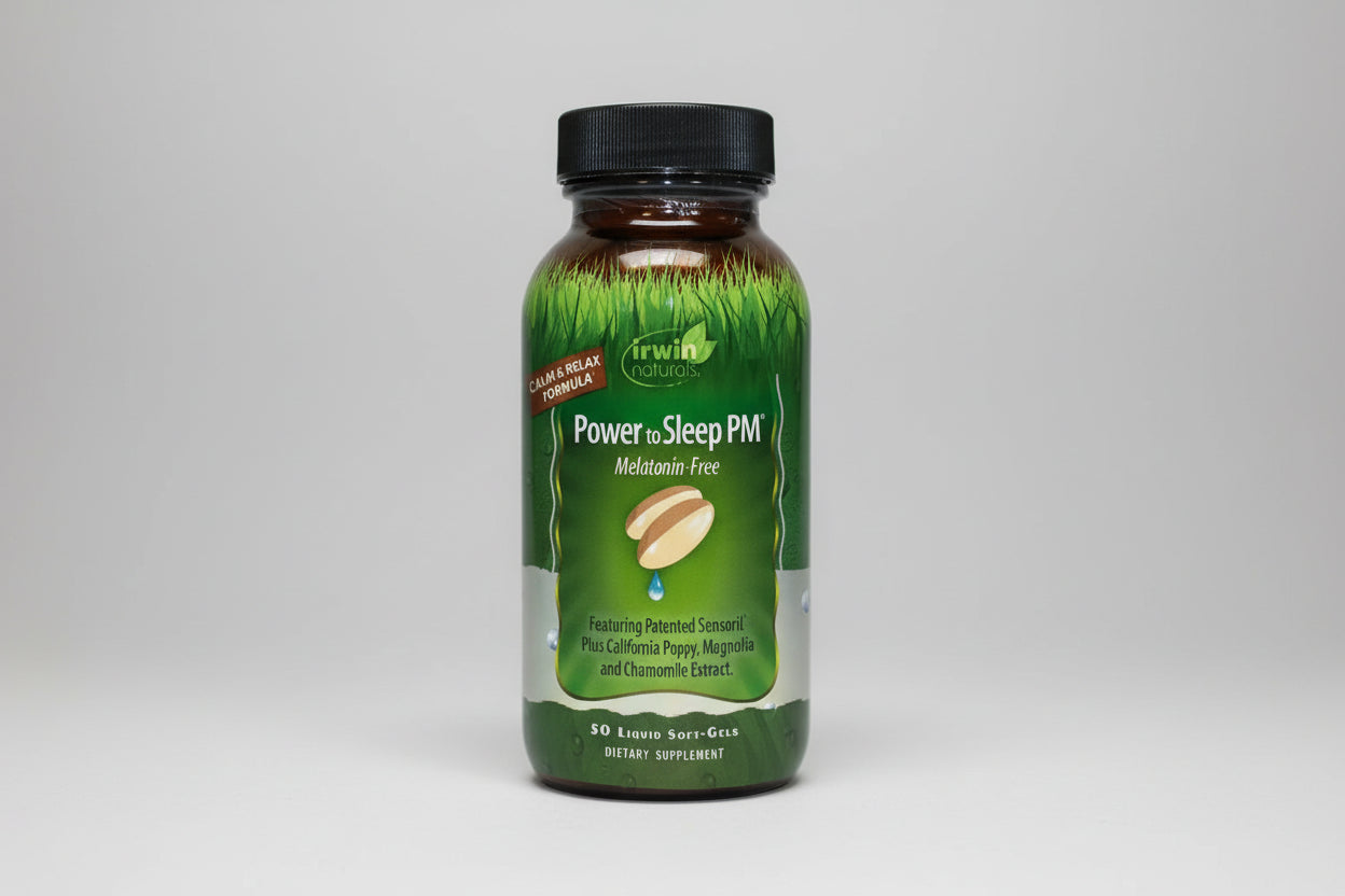 Vitamin supplement bottle labeled 'Power to Sleep PM' by Irwin Naturals on a white background