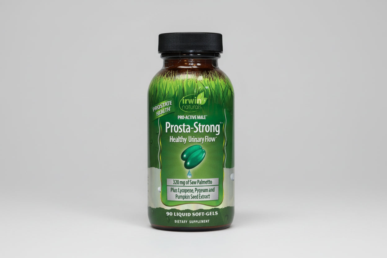 Supplement bottle labeled 'Prosta-Strong' with green label and black cap on a white background
